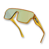 Hero angle of LosReyes Omega Yellow high-performance shield sunglasses with amber-tinted wraparound frame and reflective UV-blocking lens for athletes and cyclists.