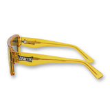 Side profile of LosReyes Omega Yellow athletic sunglasses featuring a bold amber temple design, reinforced arms, and a secure sport fit ideal for intense activity.