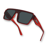 Hero angle of LosReyes Omega Ares performance sunglasses with crimson red aerodynamic frame, dark-tint lens, and wide temples designed for cycling, running, and intense training.