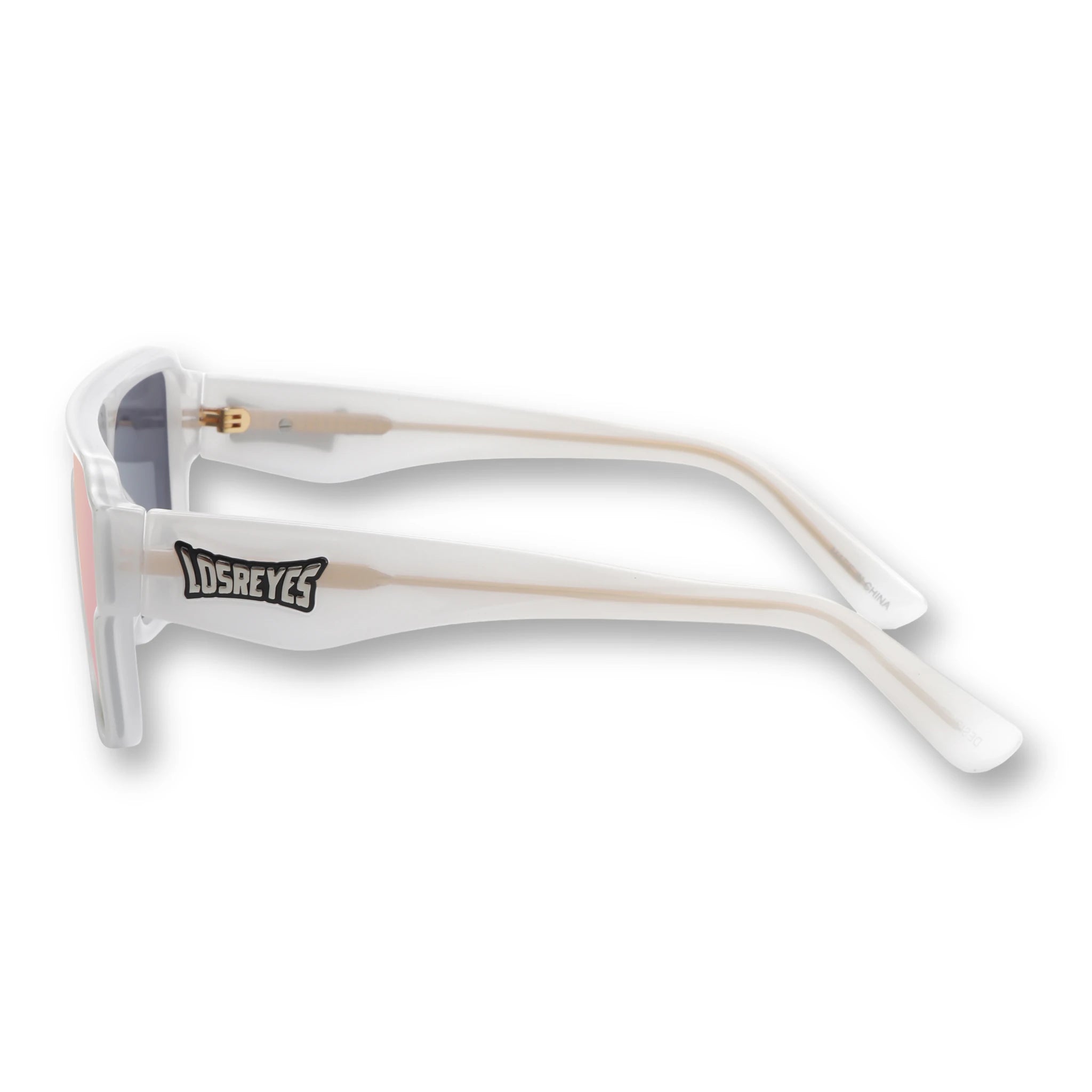 Side profile of LosReyes Omega Athena sports sunglasses showing sleek white temples, ergonomic side curve, and pink mirrored lens designed for high-intensity outdoor activity.