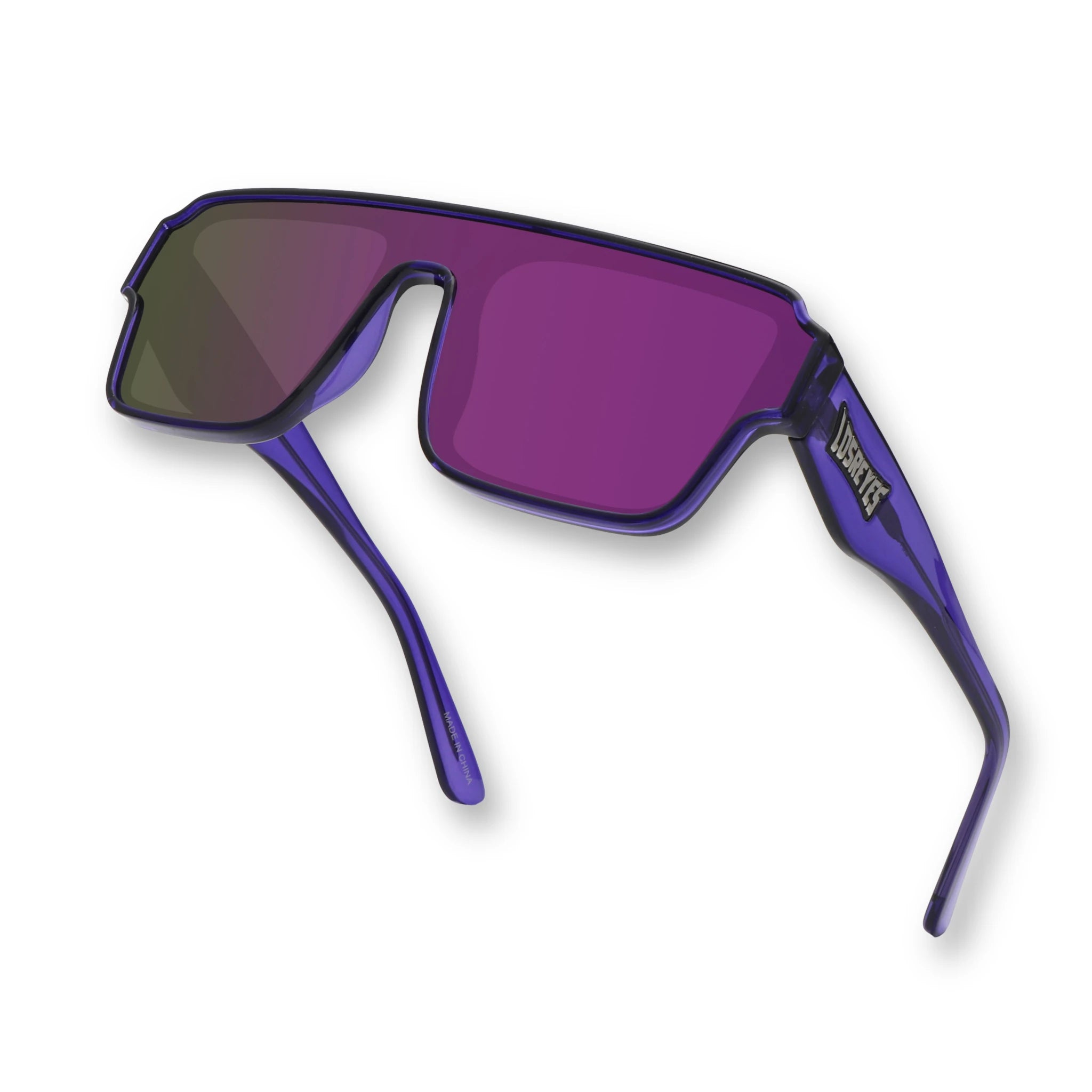 Hero angle of LosReyes Omega Zeus athletic sunglasses featuring a wraparound purple shield lens, lightweight ergonomic frame, and aerodynamic temples for dynamic movement.
