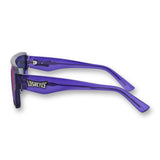 Side profile of LosReyes Omega Zeus sport sunglasses with translucent purple temples, wide-arm stability, and mirrored lens ideal for running, cycling, or street style.