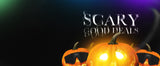 Halloween-themed promotional banner with glowing pumpkins and 'Scary Good Deals' text from LosReyes.