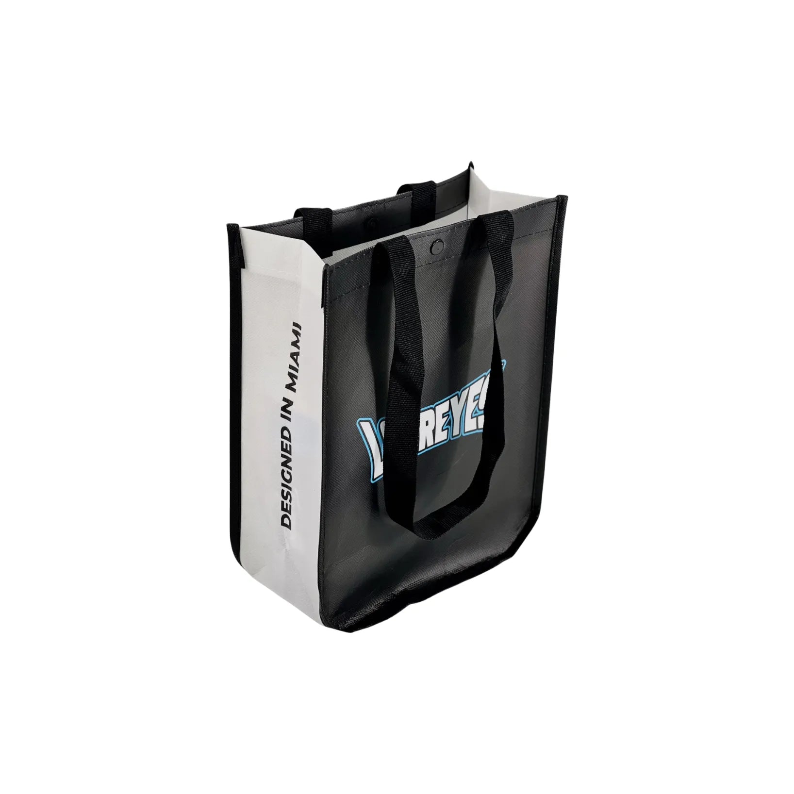 Top-down view of the black Los Reyes gift bag showing inner compartment and handle layou