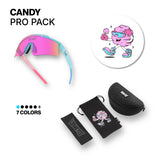 Candy Pro Pack by LosReyes with vibrant pink-to-blue gradient sunglasses, reflective lenses, and cartoon candy pouch- ideal for kids’ sports and outdoor adventures.