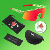 Candy Pro Pack by LosReyes with vibrant green and red gradient sunglasses, reflective lenses, and cartoon watermelon pouch- ideal for kids’ sports and outdoor adventures.