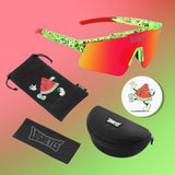 Candy Pro Pack by LosReyes with vibrant green and red gradient sunglasses, reflective lenses, and cartoon watermelon pouch- ideal for kids’ sports and outdoor adventures.