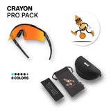 LosReyes Crayon Pro Pack sunglasses with interchangeable lens in 8 colors, featuring a bold wraparound design, protective hard case, drawstring pouch with basketball crayon graphic, and branded microfiber cloth.