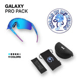 LosReyes Galaxy Pro Pack with cosmic blue and purple sunglasses, galaxy-themed soft case, and sticker—engineered for performance and stellar style.