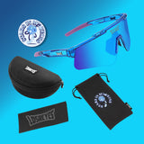 LosReyes Galaxy Pro Pack with cosmic blue and purple sunglasses, galaxy-themed soft case, and sticker—engineered for performance and stellar style.