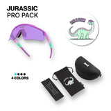 Jurassic Pro Pack by LosReyes, includes purple-green sporty sunglasses and dino-themed pouch with “Go Big or Go Home” design—perfect for young athletes.