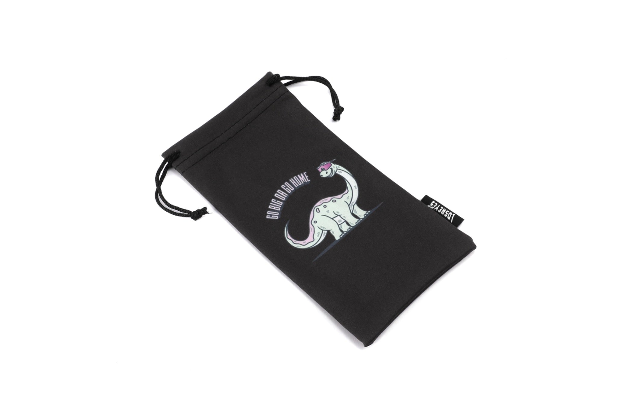 Brontosaurus character with “Go Big or Go Home” text on LosReyes Jurassic Series sunglasses pouch