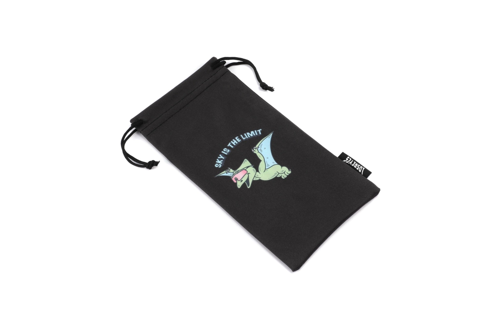 Pterodactyl character with “Sky is the Limit” text on LosReyes Jurassic Series sunglasses pouch