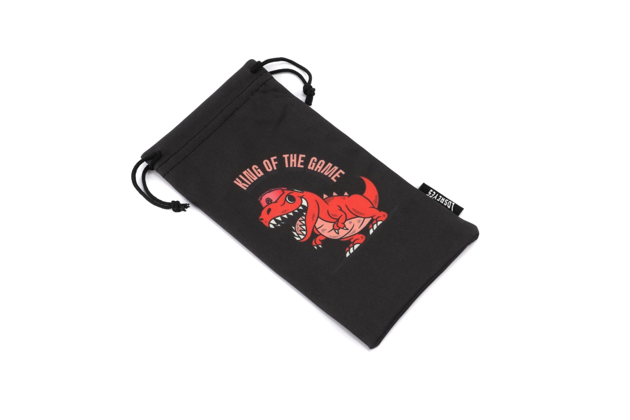 T-Rex character with “King of the Game” text on LosReyes Jurassic Series sunglasses pouch