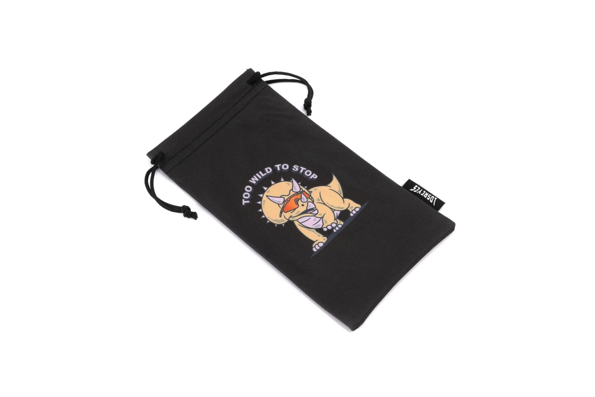 Triceratops design with 'Too wild to stop' slogan on LosReyes Jurassic Series sunglasses pouch for kids and youth