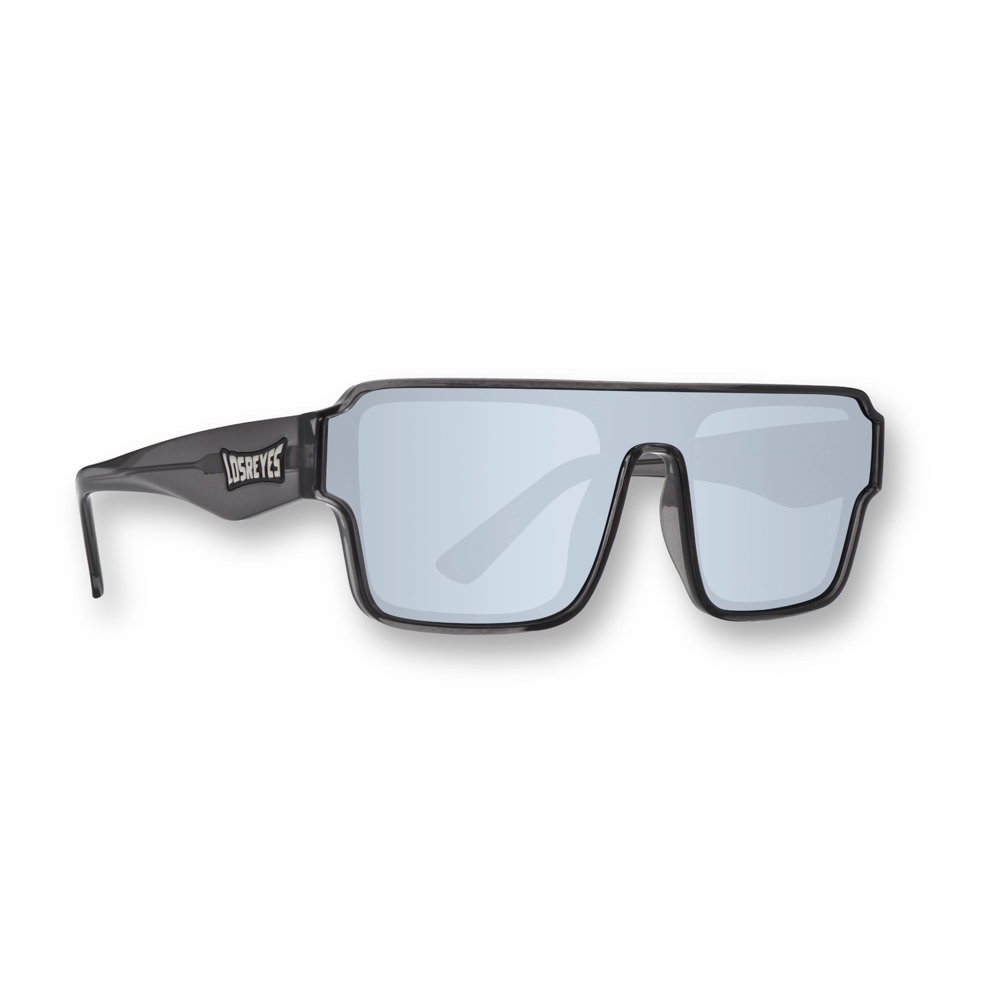 Front view of LosReyes Omega Hades performance sunglasses featuring silver mirrored shield lenses, UV400 protection, black wraparound frame, and bold design for athletes and active lifestyles