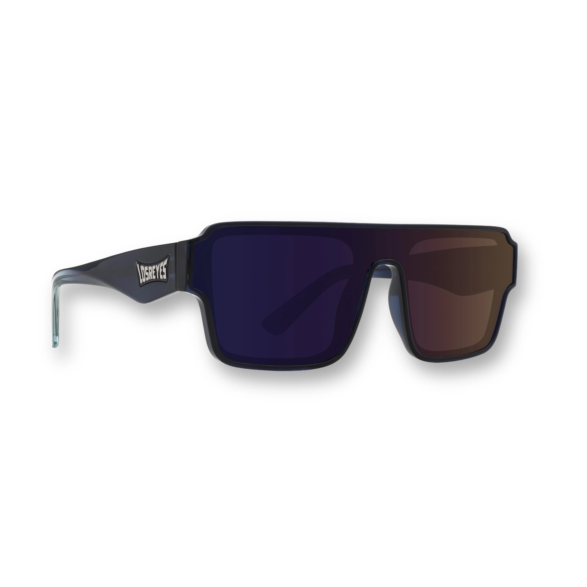 Front view of LosReyes Omega Poseidon black athletic sunglasses with dark wraparound shield lenses, UV400 protection, and bold frame design for high-impact performance and sport lifestyle