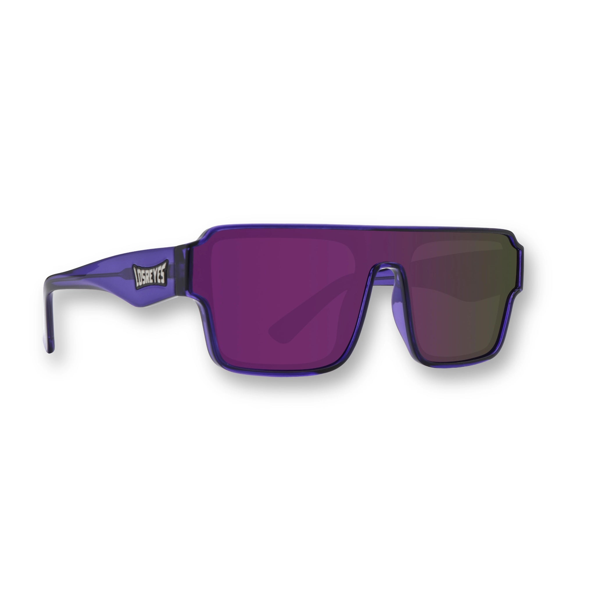 Studio shot of LosReyes Omega Zeus sports shield sunglasses featuring bold purple lenses, UV400 protection, and wraparound design engineered for high-performance athletic wear and all-day comfort