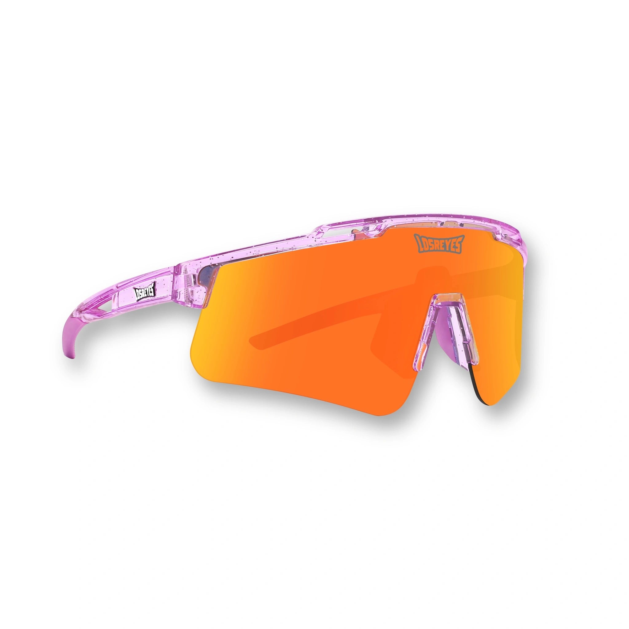 Hero view of LosReyes Prime Galaxy Mercury purple sports sunglasses featuring an orange-red mirrored lens, translucent frame, and UV400 wraparound shield ideal for baseball, training, and outdoor performance
