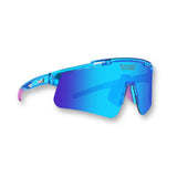 Hero angle of LosReyes Prime Galaxy Neptune blue shield sunglasses with mirrored wraparound lenses, clear blue translucent frame, and sleek aerodynamic design—perfect for cycling, running, and high-performance sports with full UV400 lens coverage