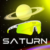 Promotional graphic of LosReyes Prime Galaxy Saturn yellow mirrored sunglasses floating in space, designed for elite athletes with UV400 protection and futuristic styling.