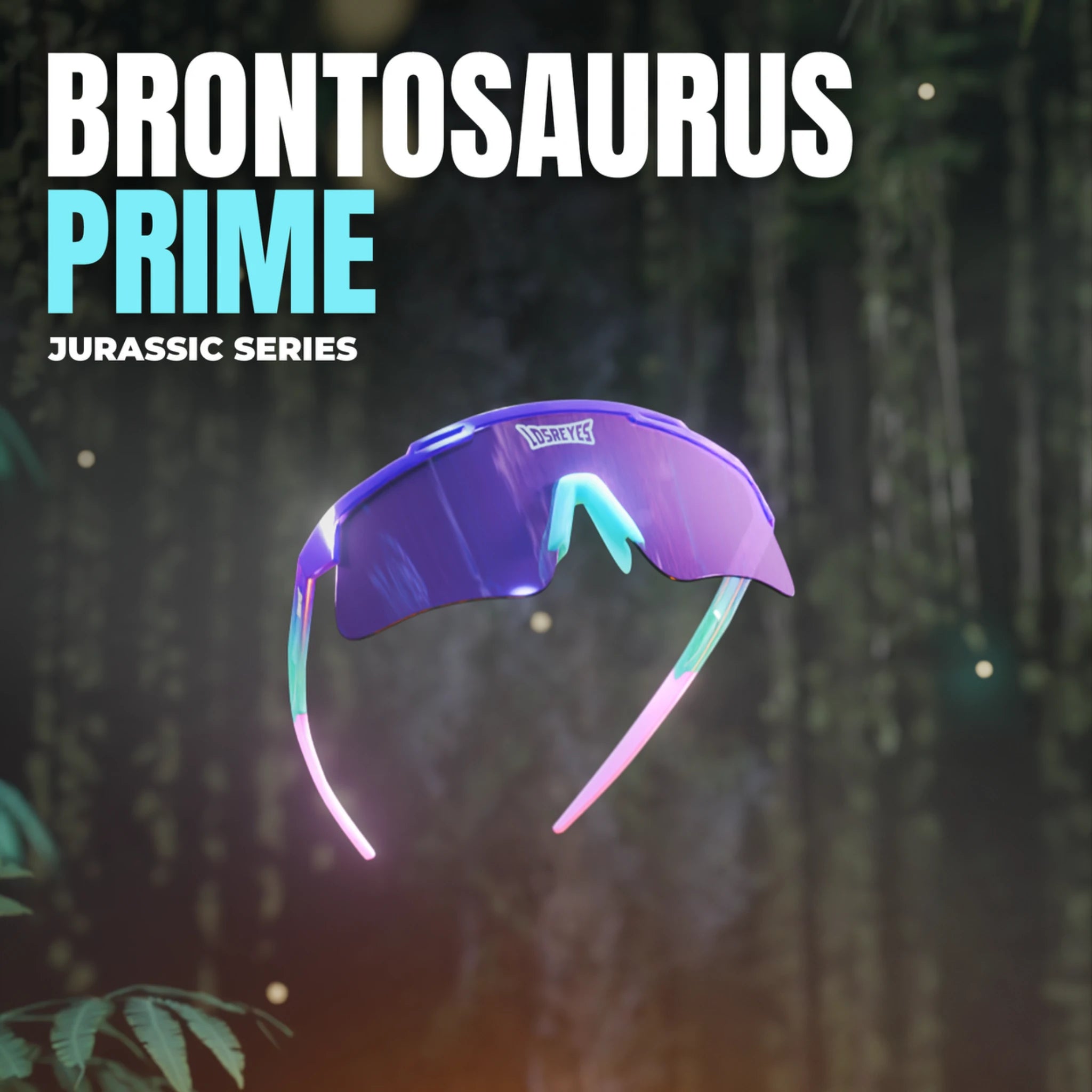 Promotional jungle-themed graphic of LosReyes Prime Jurassic Brontosaurus sunglasses in bold purple with gradient fade temples, oversized shield lens, and Jurassic Series branding for youth and adult athletes.