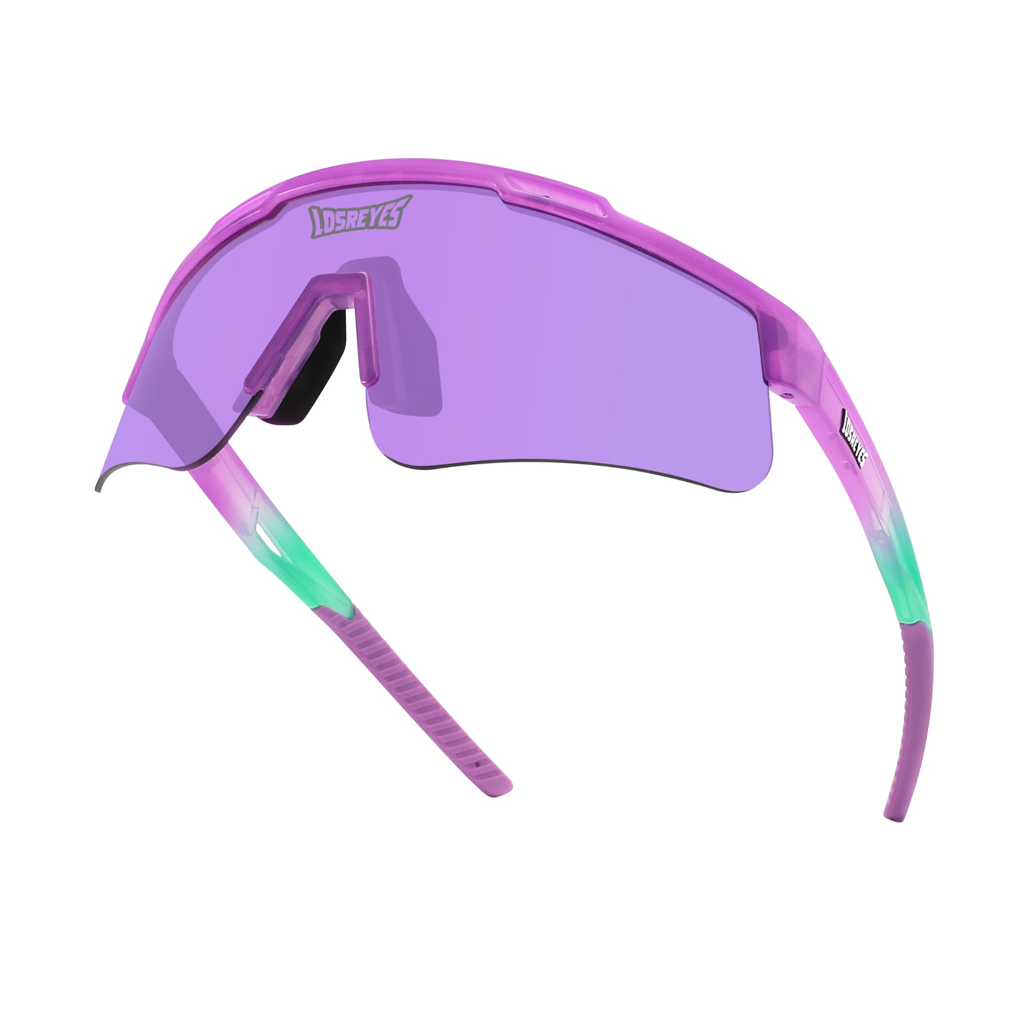Hero angle of LosReyes Prime Jurassic Brontosaurus purple performance sunglasses with mirrored wrap lens, ombré green-to-pink temple arms, and aerodynamic shield design for elite training, baseball, and cycling.