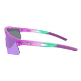 Side profile of LosReyes Prime Jurassic Brontosaurus athletic sunglasses with translucent purple and green frame, soft-grip rubber ear tips, and high-contrast shield lens ideal for youth athletes and fast-action sports.