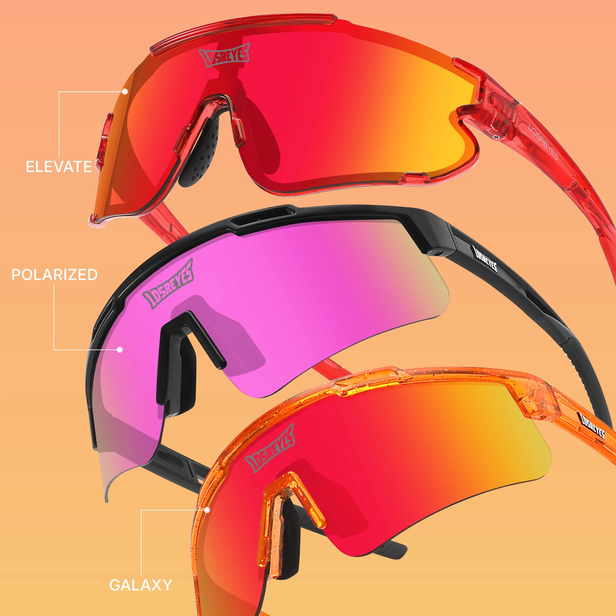 Three pairs of sunglasses with different colored lenses on a peach background, featuring the brand 'LosReyes'.