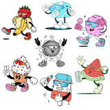 Colorful LosReyes Stick Candy sticker pack featuring fun pop-art characters like strawberry, banana, ice cube, cotton candy, watermelon, popsicle, cookie, and soft serve — all wearing signature sports sunglasses