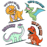LosReyes Sticker Jurassic Bundle featuring cartoon dinosaurs wearing sports sunglasses including T-Rex, Triceratops, Pterodactyl, and Brontosaurus, with motivational phrases like 'Go Big or Go Home' and 'Sky Is the Limit' — perfect for fans of athletic eyewear and fun collectible decals