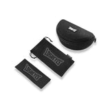 Flat lay of LosReyes sunglasses accessories bundle including black microfiber cleaning cloth, soft protective drawstring pouch, and hard zippered case with crown logo for eyewear care, storage, and travel protection.