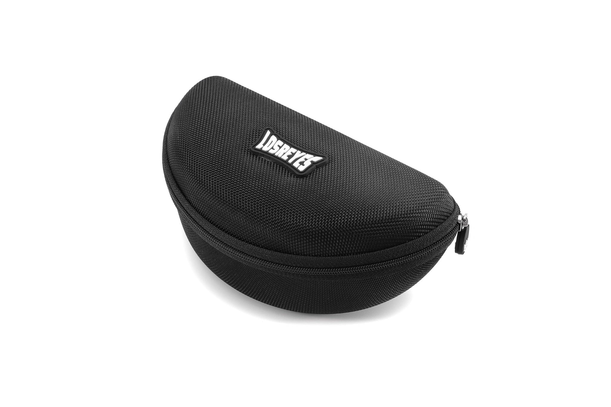 Angled product photo of LosReyes black hard shell sunglasses case with zip closure, textured exterior, and embossed crown logo — ideal for travel, protective eyewear storage, and sports sunglasses cases.