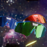 Three Galaxy Collection sunglasses with UV400 interchangeable lenses and rubber tips floating in a cosmic space background.