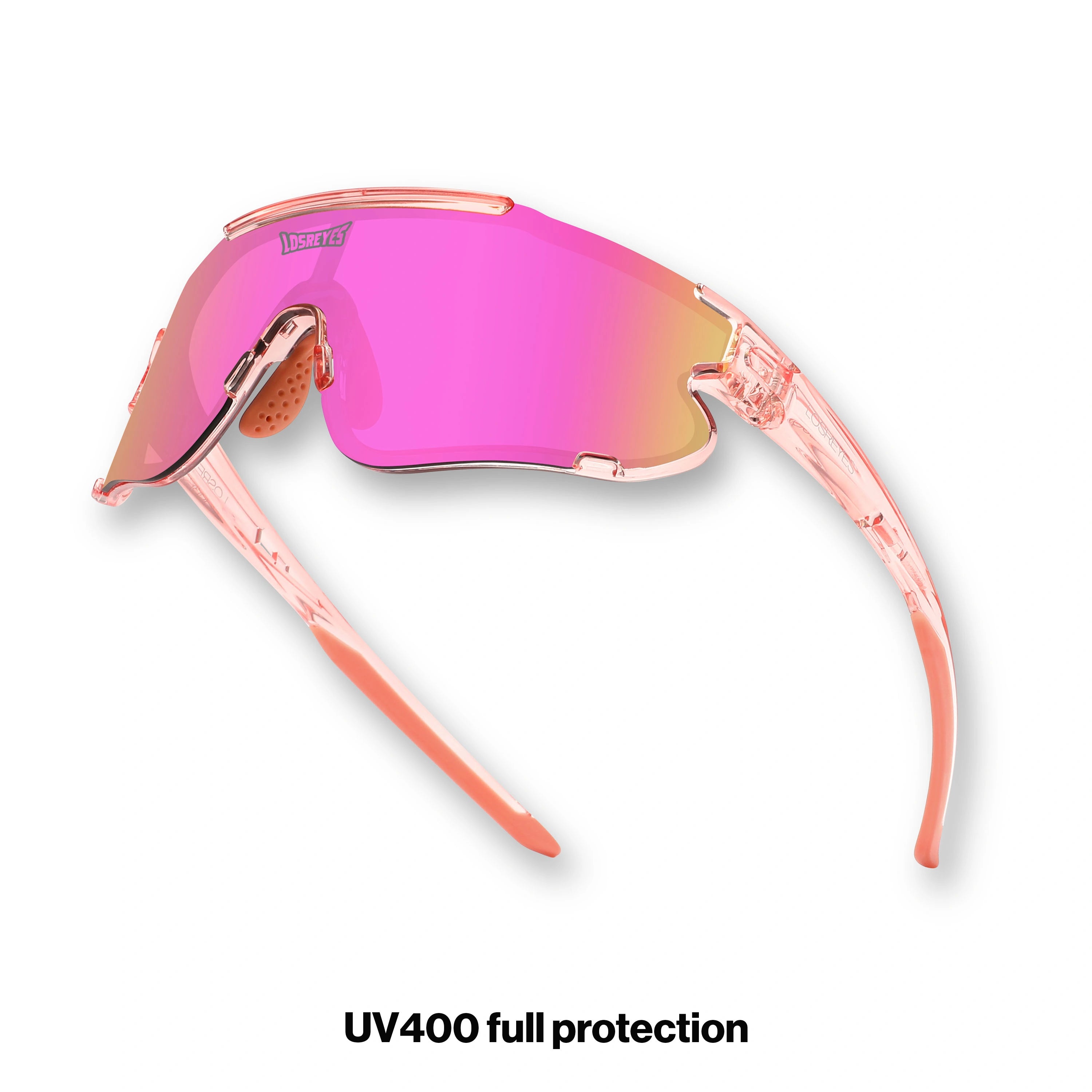 Angled hero view of LosReyes Elevate Bubble Gum performance wraparound sunglasses in translucent pink with gradient mirrored shield lens, lightweight impact-resistant frame, and anti-slip nose grips for athletic use
