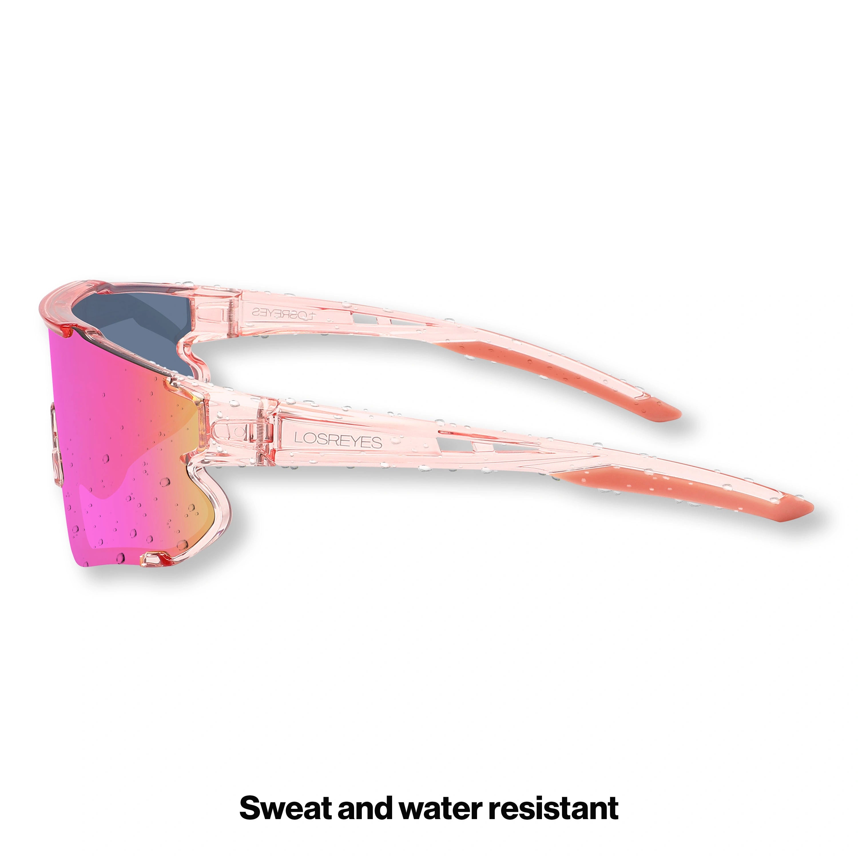 Side profile of LosReyes Elevate Bubble Gum translucent pink shield sunglasses featuring aerodynamic arms, UV-blocking mirrored lens, and contoured fit for high-speed sports and active youth athletes