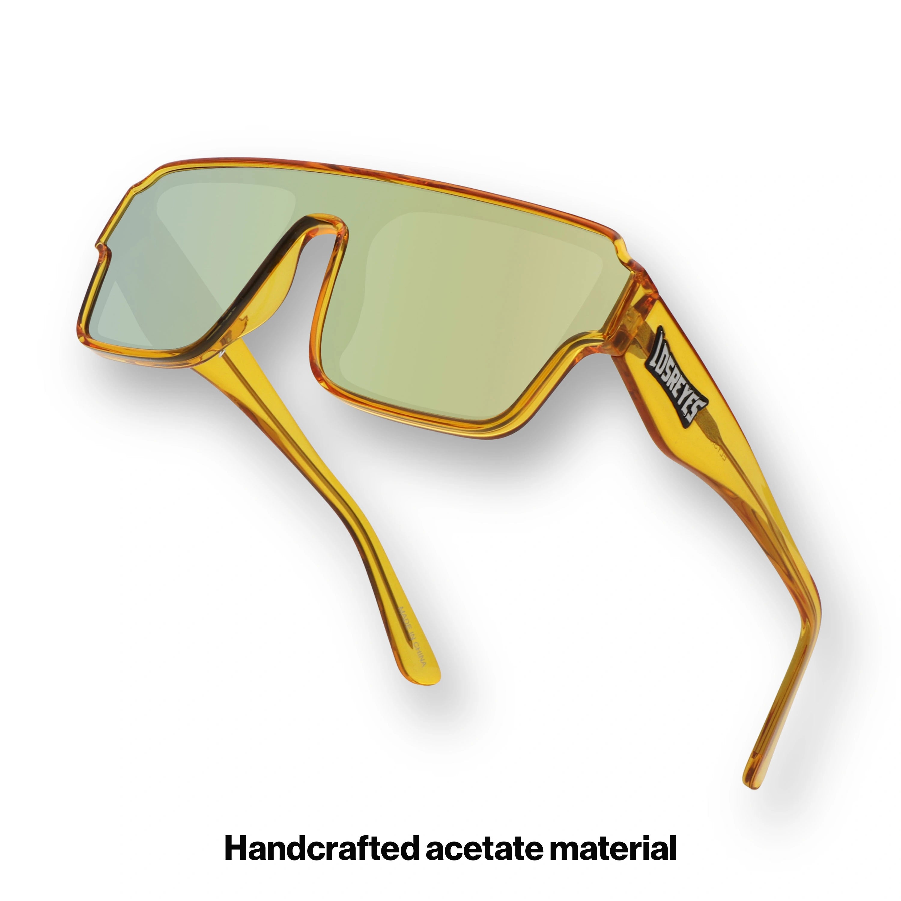 Hero angle of LosReyes Omega Yellow high-performance shield sunglasses with amber-tinted wraparound frame and reflective UV-blocking lens for athletes and cyclists.