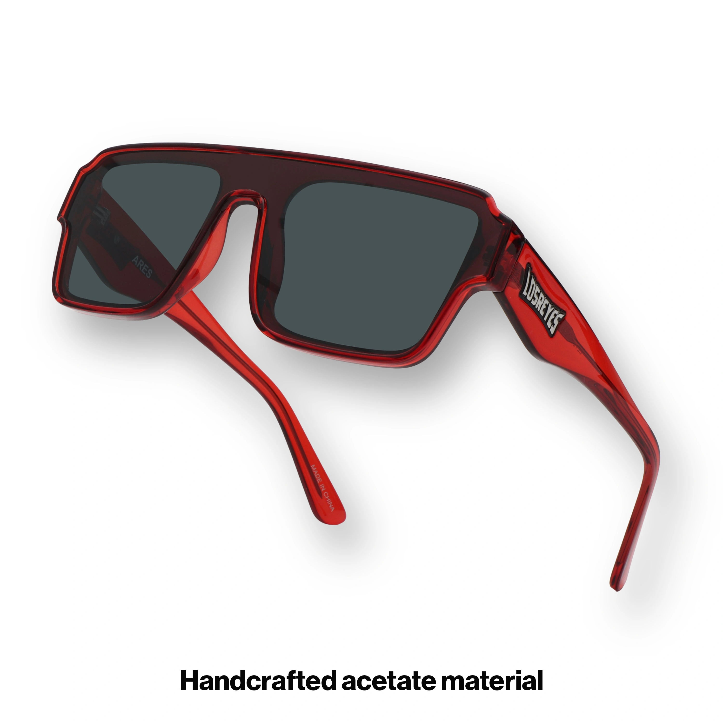 Hero angle of LosReyes Omega Ares performance sunglasses with crimson red aerodynamic frame, dark-tint lens, and wide temples designed for cycling, running, and intense training.