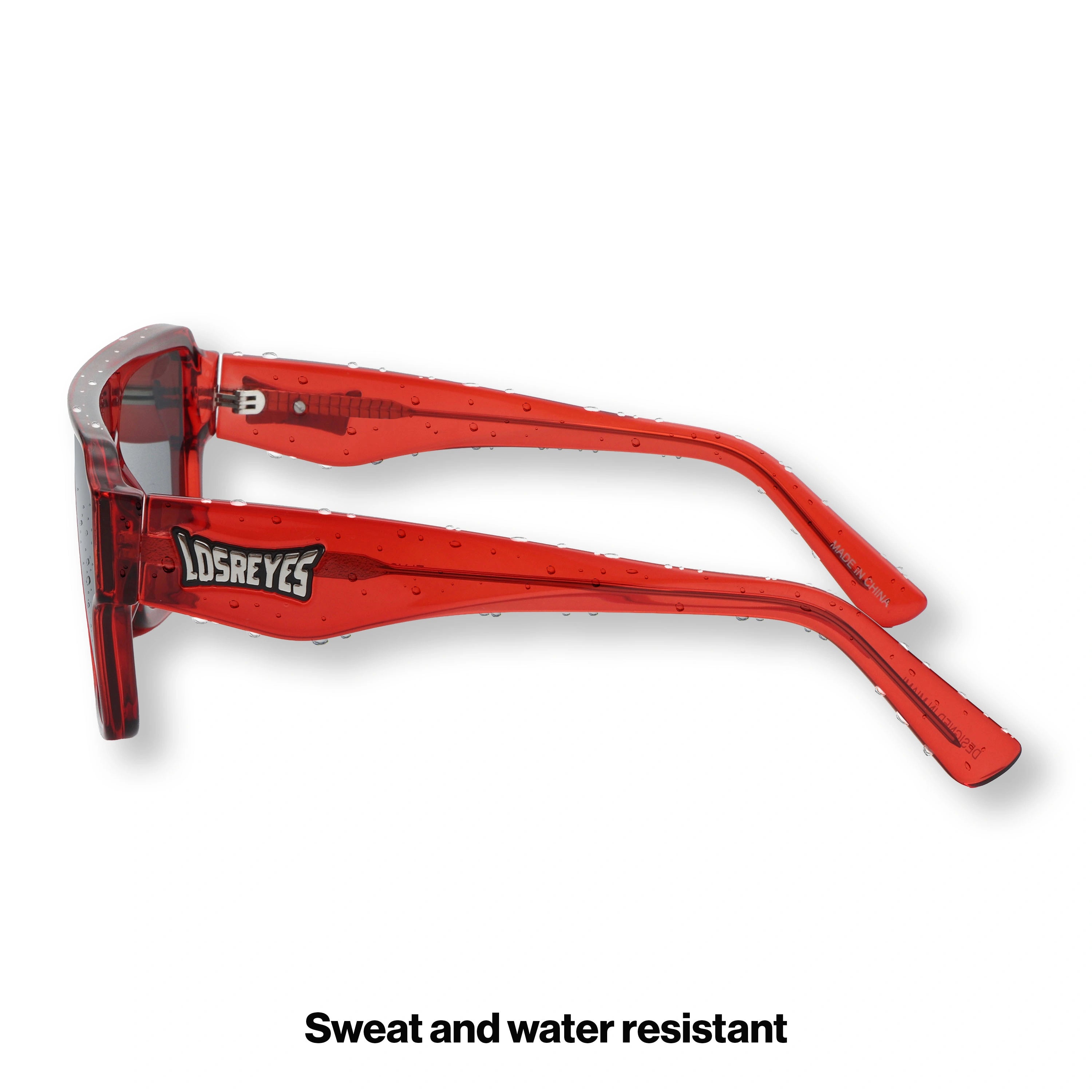 Side profile of LosReyes Omega Ares sport sunglasses with sculpted wide red temples, dark rectangular lens, and ergonomic arms for secure high-speed outdoor activity.