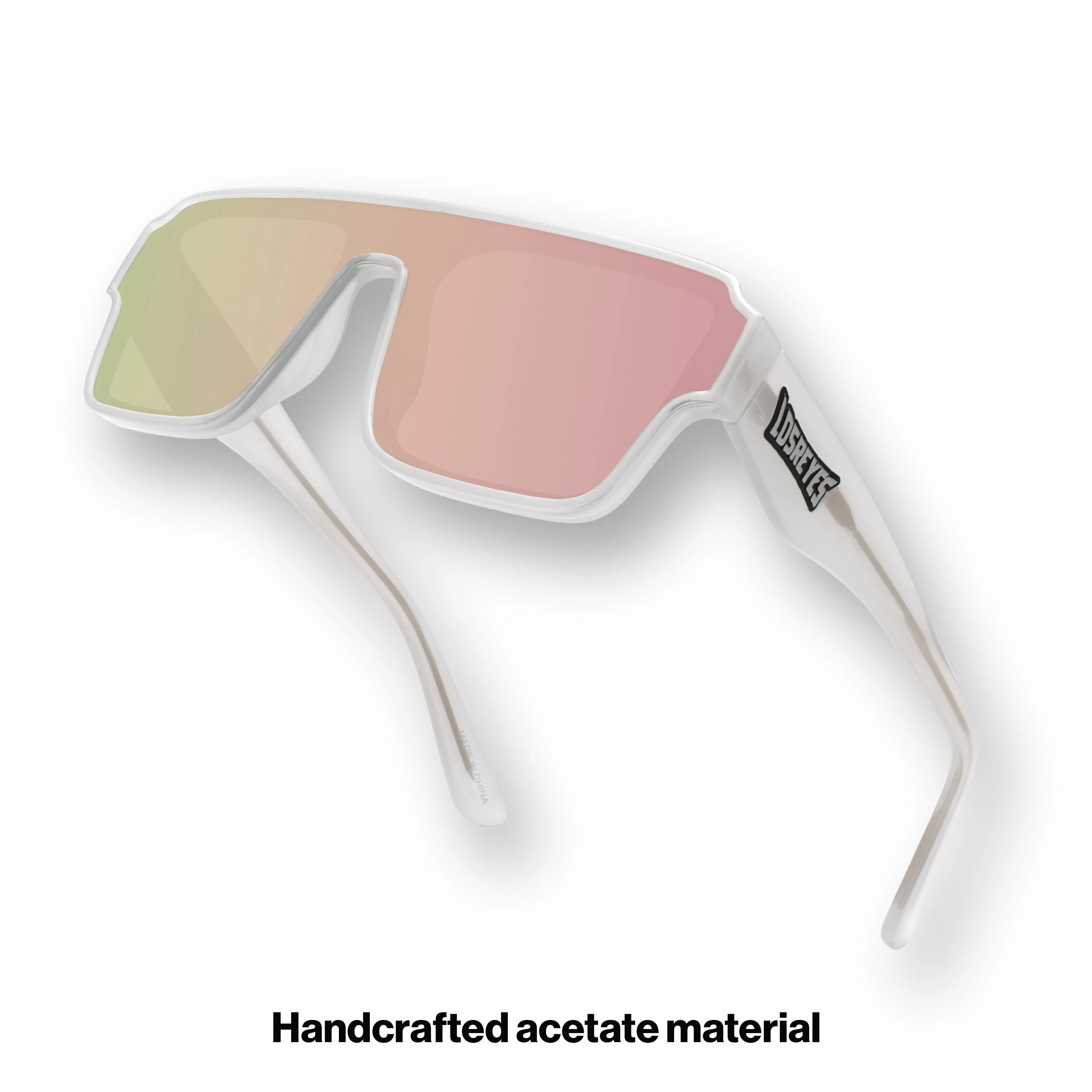 Hero angle of LosReyes Omega Athena performance sunglasses with high-gloss white frame, pink reflective shield lens, and aerodynamic shape for cycling, sports, and sun protection.