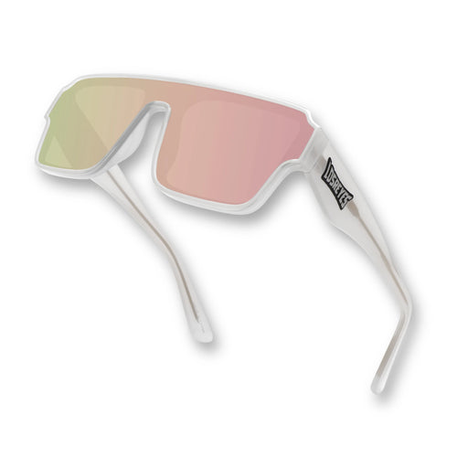 Hero angle of LosReyes Omega Athena performance sunglasses with high-gloss white frame, pink reflective shield lens, and aerodynamic shape for cycling, sports, and sun protection.