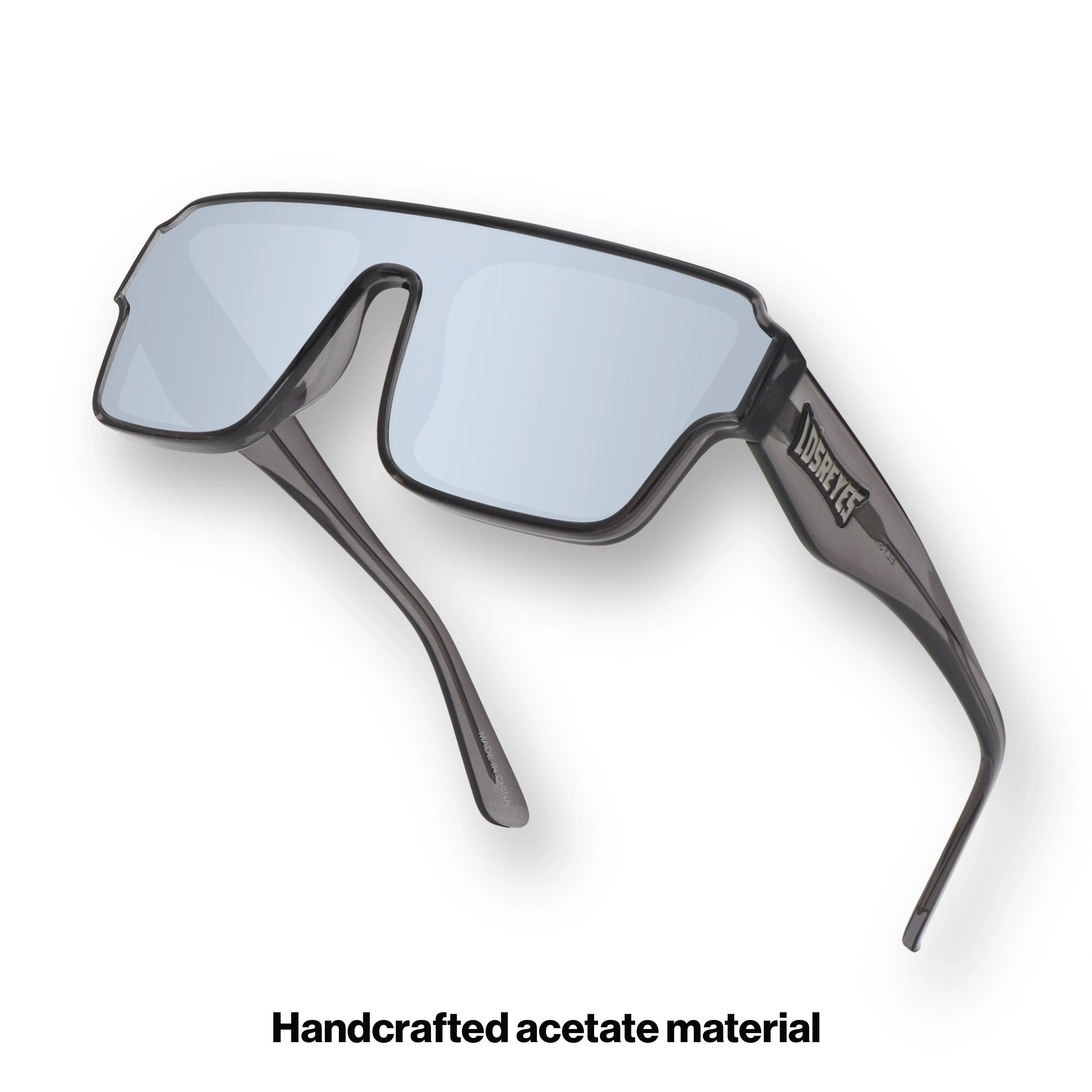 Hero angle of LosReyes Omega Hades performance sunglasses with a streamlined black wrap fit, silver reflective lens, and sport-grade temple arms for cycling and outdoor sports.