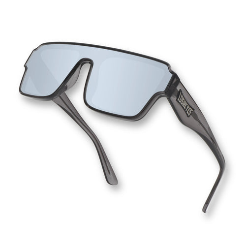 Hero angle of LosReyes Omega Hades performance sunglasses with a streamlined black wrap fit, silver reflective lens, and sport-grade temple arms for cycling and outdoor sports.