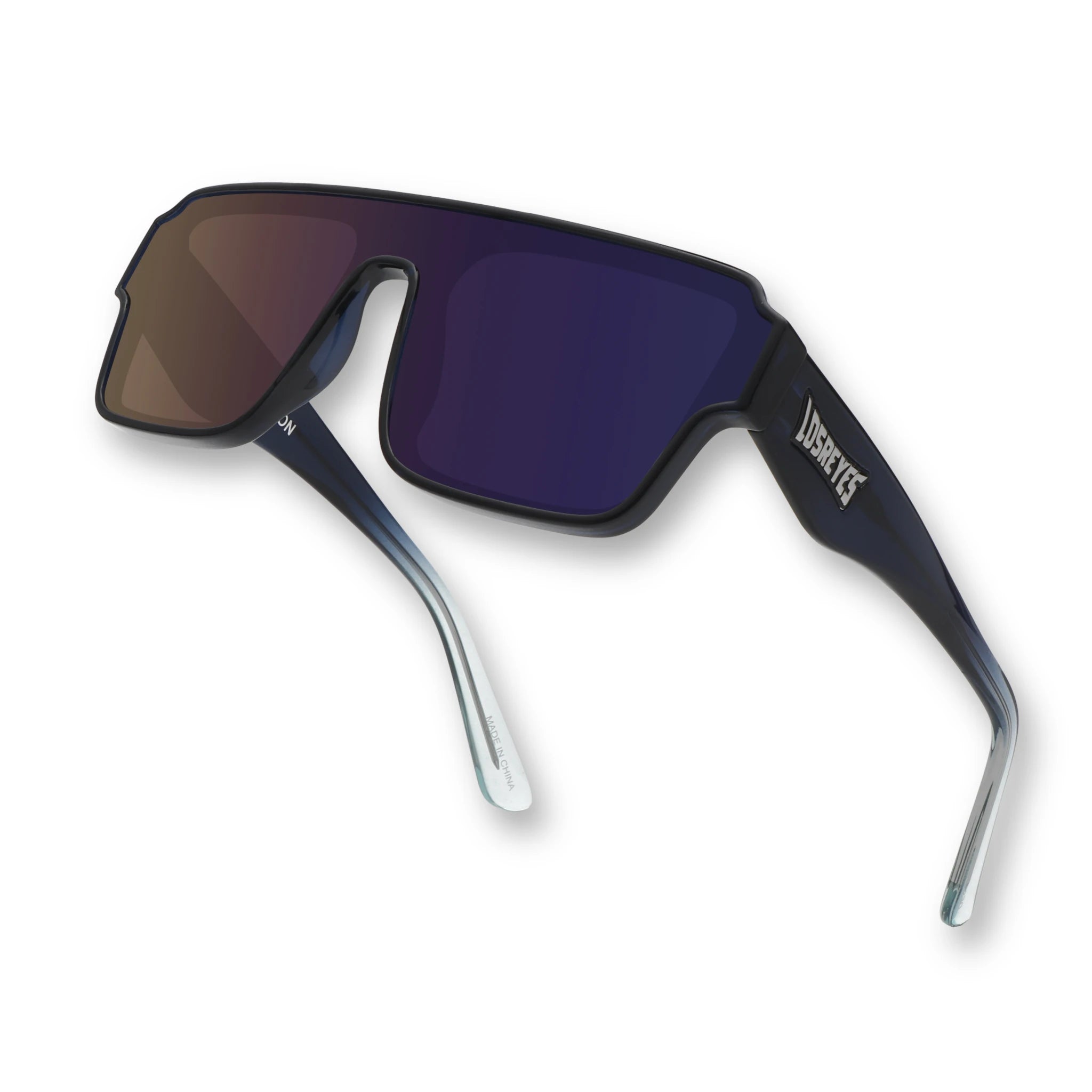 Hero angle of LosReyes Omega Poseidon sunglasses with dark blue mirrored lens, aerodynamic fit, and gradient temples designed for cycling, running, and high speed.