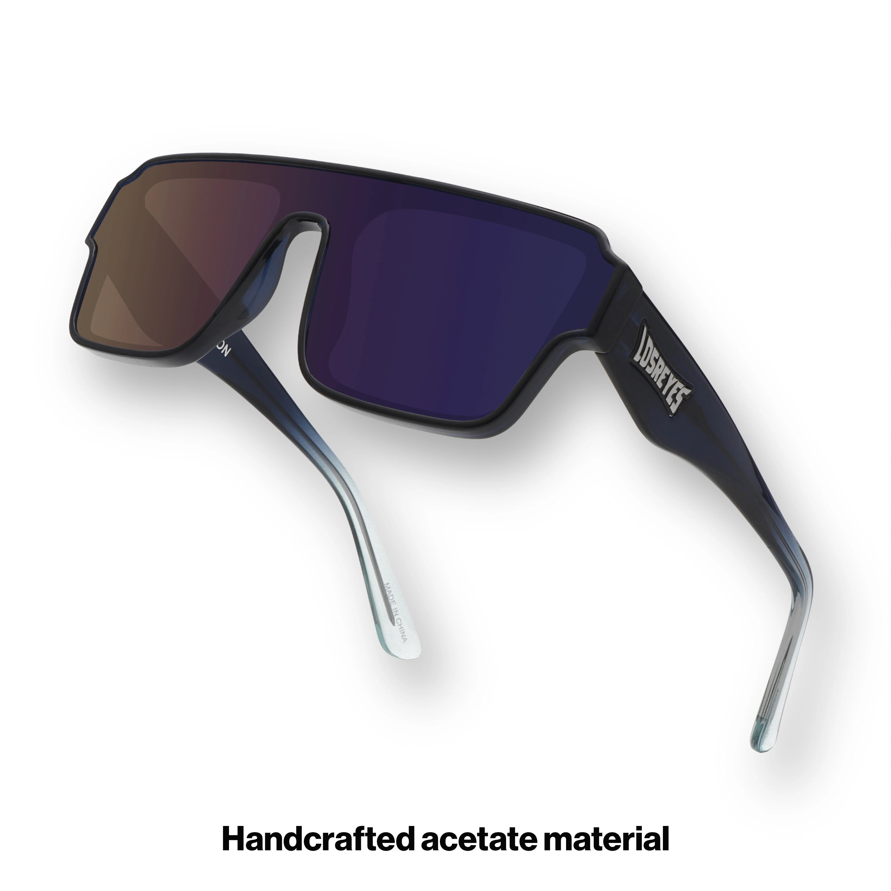 Hero angle of LosReyes Omega Poseidon sunglasses with dark blue mirrored lens, aerodynamic fit, and gradient temples designed for cycling, running, and high speed.