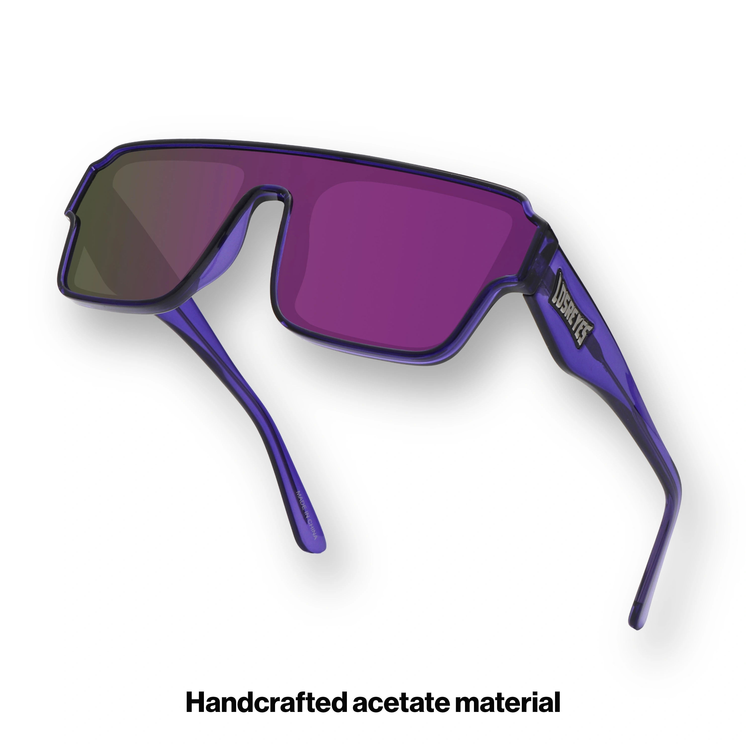 Hero angle of LosReyes Omega Zeus athletic sunglasses featuring a wraparound purple shield lens, lightweight ergonomic frame, and aerodynamic temples for dynamic movement.
