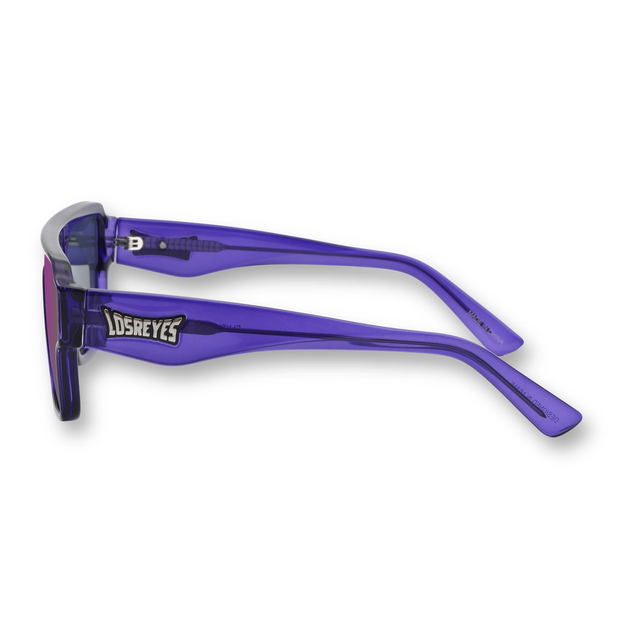 Side profile of LosReyes Omega Zeus sport sunglasses with translucent purple temples, wide-arm stability, and mirrored lens ideal for running, cycling, or street style.
