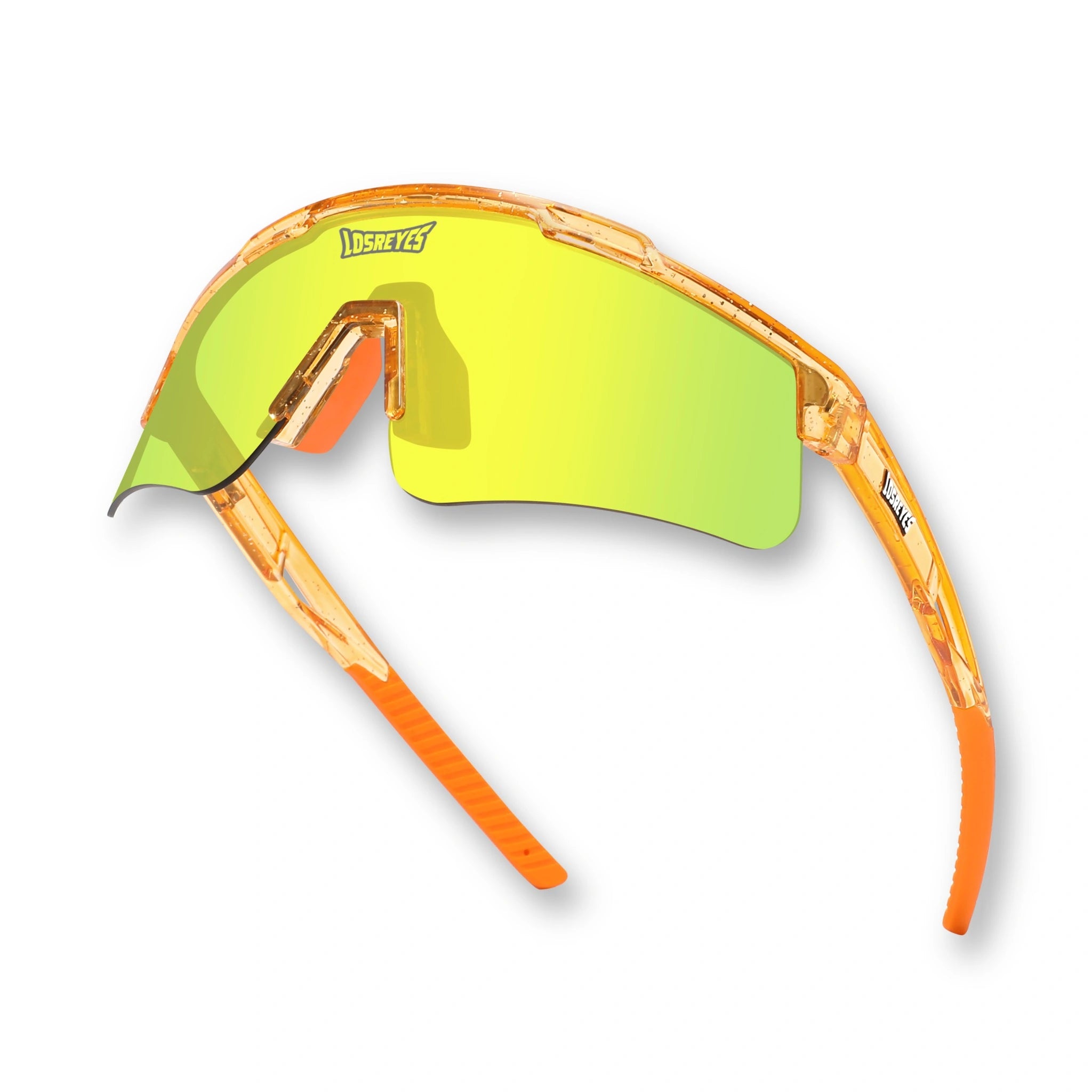 Hero angle of LosReyes Prime Galaxy Sun yellow shield sunglasses with wraparound lens, clear amber performance frame, and gradient mirror finish for maximum glare reduction and athletic clarity.