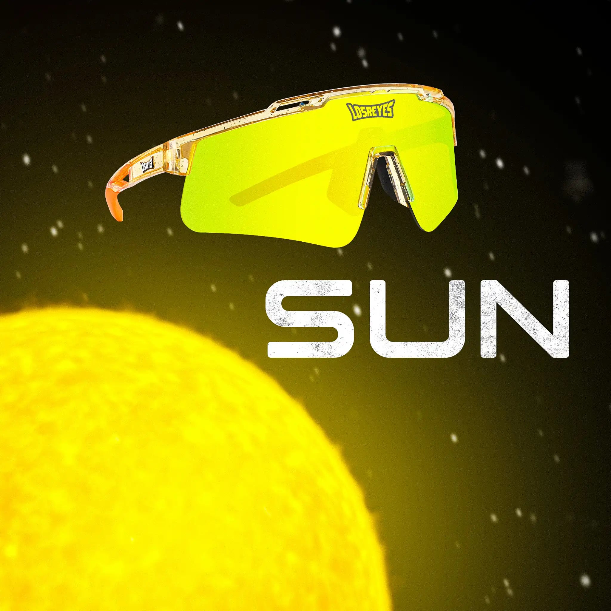 Promotional hero graphic of LosReyes Prime Galaxy Sun yellow sports sunglasses with mirrored shield lens and translucent amber frame, floating in space above the sun — designed for elite UV400 protection and standout athletic performance.