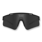 Front view of LosReyes Prime Polarized Black sports sunglasses with blackout polarized shield lenses, all-black wraparound frame, and UV400 protection designed for baseball, training, and intense outdoor performance.